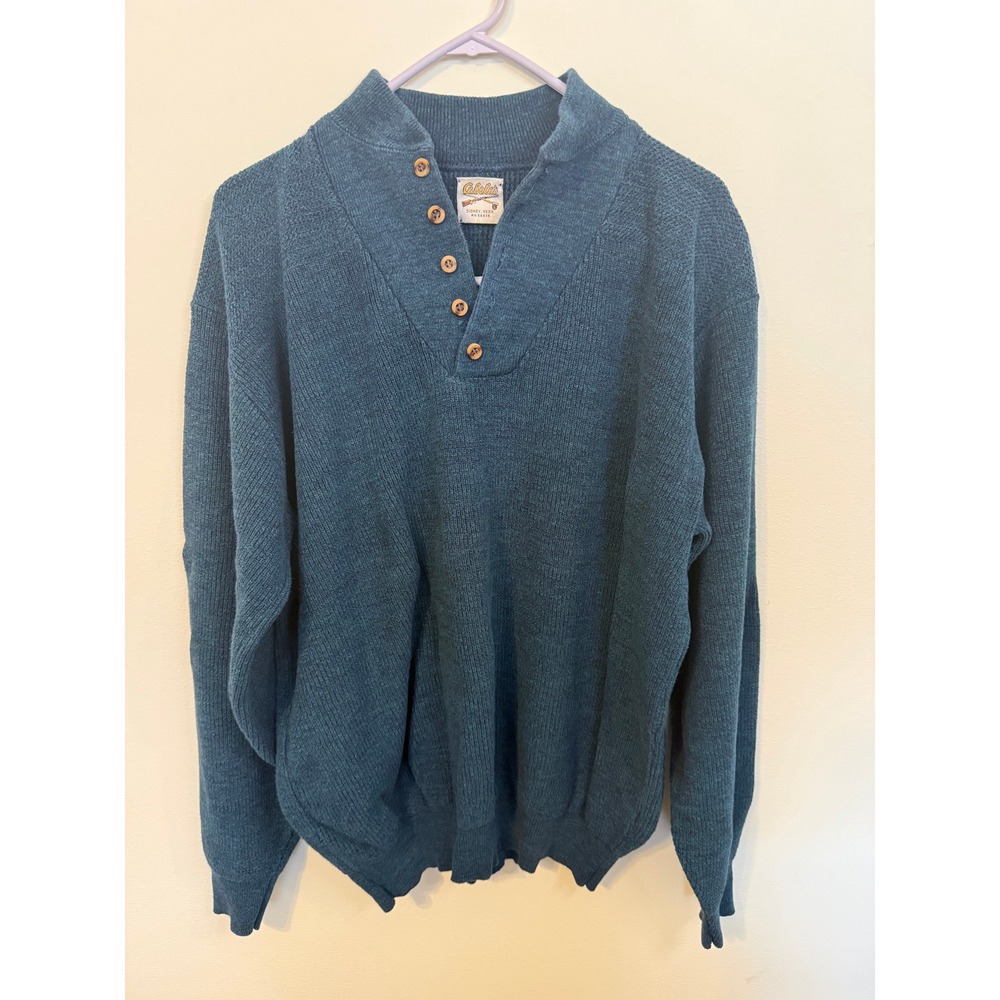 Cabela's Knit Sweater Mens L Teal Excellent Mock Neck Button Placket Vintage